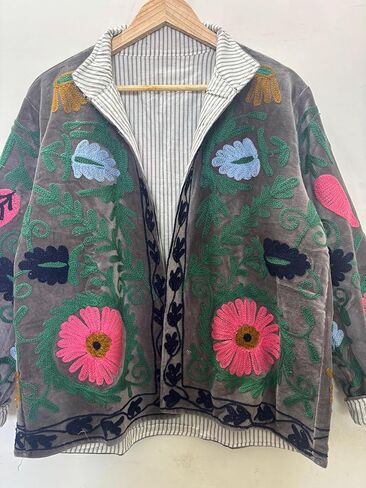 Embroidered Floral Jacket, Gray Velvet, Striped Lining, Colorful Flower Design, Open Front, Reversible Style in Saudi Arabia