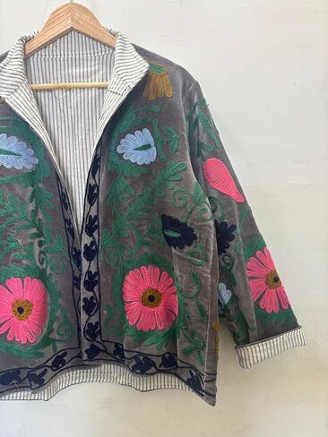 Embroidered Floral Jacket, Gray Velvet, Striped Lining, Colorful Flower Design, Open Front, Reversible Style in Saudi Arabia