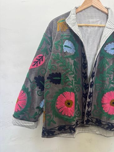 Embroidered Floral Jacket, Gray Velvet, Striped Lining, Colorful Flower Design, Open Front, Reversible Style in Saudi Arabia