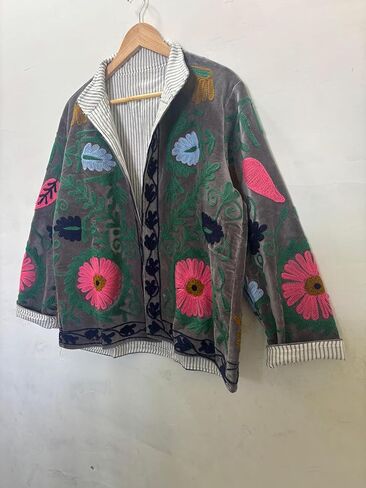Embroidered Floral Jacket, Gray Velvet, Striped Lining, Colorful Flower Design, Open Front, Reversible Style in Saudi Arabia