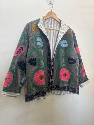 Embroidered Floral Jacket, Gray Velvet, Striped Lining, Colorful Flower Design, Open Front, Reversible Style in Saudi Arabia