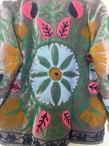 Embroidered Floral Jacket, Gray Velvet, Striped Lining, Colorful Flower Design, Open Front, Reversible Style in Saudi Arabia