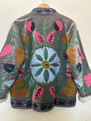 Embroidered Floral Jacket, Gray Velvet, Striped Lining, Colorful Flower Design, Open Front, Reversible Style in Saudi Arabia