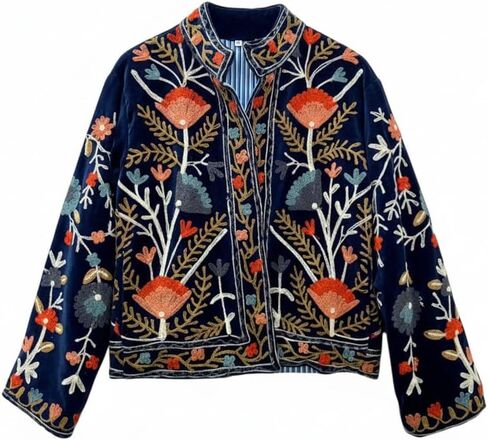Embroidered Velvet Jacket, Navy Blue, Floral Design, Long Sleeve, Open Front, Striped Lining in Saudi Arabia