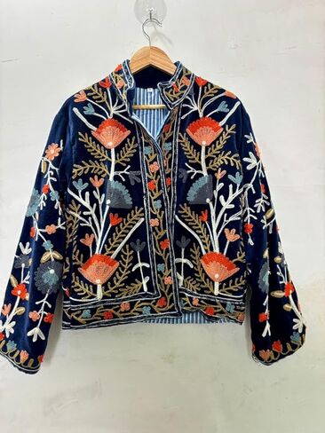 Embroidered Velvet Jacket, Navy Blue, Floral Design, Long Sleeve, Open Front, Striped Lining in Saudi Arabia