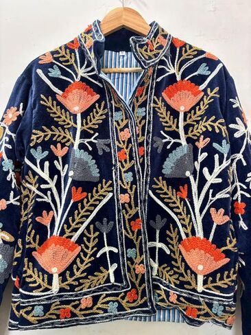 Embroidered Velvet Jacket, Navy Blue, Floral Design, Long Sleeve, Open Front, Striped Lining in Saudi Arabia