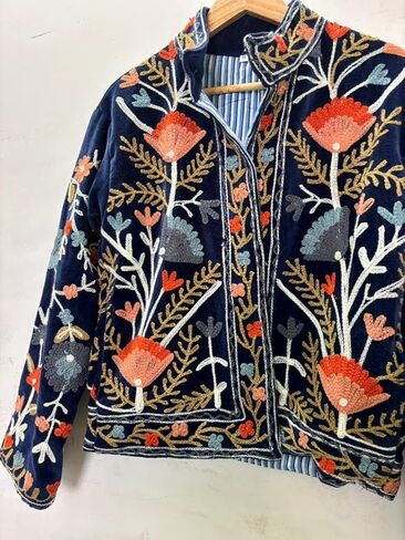 Embroidered Velvet Jacket, Navy Blue, Floral Design, Long Sleeve, Open Front, Striped Lining in Saudi Arabia