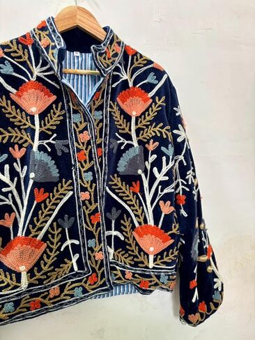 Embroidered Velvet Jacket, Navy Blue, Floral Design, Long Sleeve, Open Front, Striped Lining in Saudi Arabia