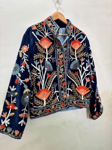 Embroidered Velvet Jacket, Navy Blue, Floral Design, Long Sleeve, Open Front, Striped Lining in Saudi Arabia