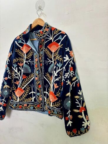 Embroidered Velvet Jacket, Navy Blue, Floral Design, Long Sleeve, Open Front, Striped Lining in Saudi Arabia
