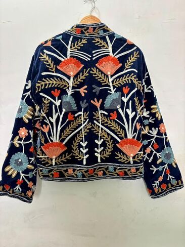 Embroidered Velvet Jacket, Navy Blue, Floral Design, Long Sleeve, Open Front, Striped Lining in Saudi Arabia