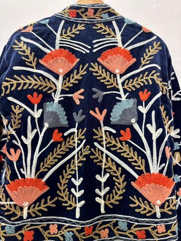 Embroidered Velvet Jacket, Navy Blue, Floral Design, Long Sleeve, Open Front, Striped Lining in Saudi Arabia