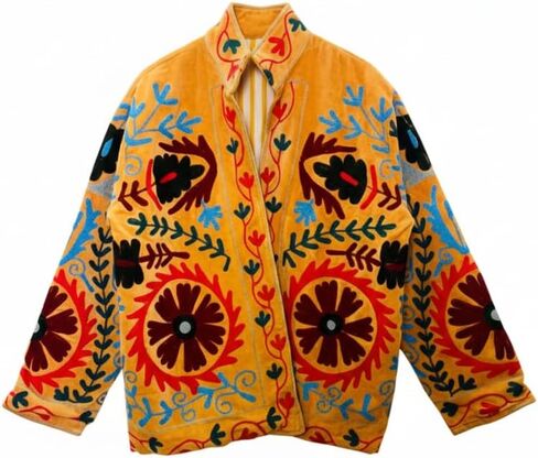 جاكيت سوزاني مطرز، برتقالي، نمط زهور، أكمام طويلة، مفتوح من الأمام، طراز بوهيمي in Kuwait
