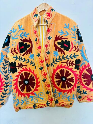 جاكيت سوزاني مطرز، برتقالي، نمط زهور، أكمام طويلة، مفتوح من الأمام، طراز بوهيمي in Kuwait