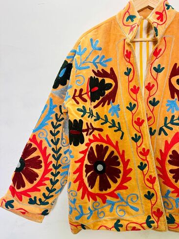 جاكيت سوزاني مطرز، برتقالي، نمط زهور، أكمام طويلة، مفتوح من الأمام، طراز بوهيمي in Kuwait