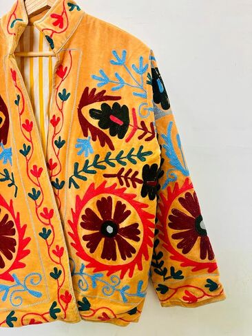 جاكيت سوزاني مطرز، برتقالي، نمط زهور، أكمام طويلة، مفتوح من الأمام، طراز بوهيمي in Kuwait