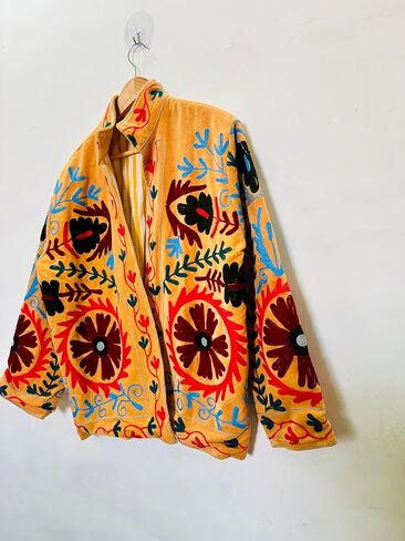 جاكيت سوزاني مطرز، برتقالي، نمط زهور، أكمام طويلة، مفتوح من الأمام، طراز بوهيمي in Kuwait