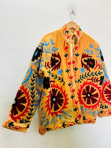 جاكيت سوزاني مطرز، برتقالي، نمط زهور، أكمام طويلة، مفتوح من الأمام، طراز بوهيمي in Kuwait