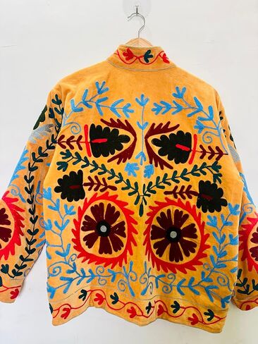 جاكيت سوزاني مطرز، برتقالي، نمط زهور، أكمام طويلة، مفتوح من الأمام، طراز بوهيمي in Kuwait