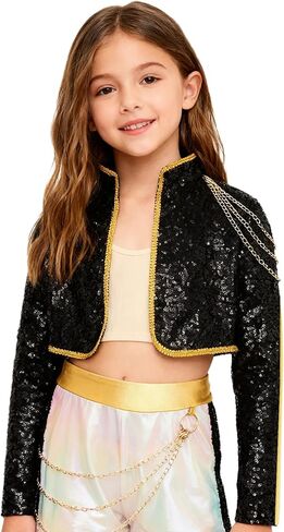 TiaoBug Kids Girls Role Play Singer Dress Coat Daily Wear Halloween Dance Outing School Jacket with Chains Black 14 Years in Kuwait