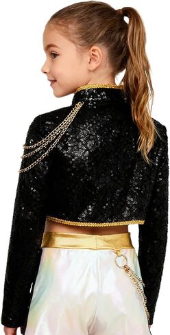 TiaoBug Kids Girls Role Play Singer Dress Coat Daily Wear Halloween Dance Outing School Jacket with Chains Black 14 Years in Kuwait