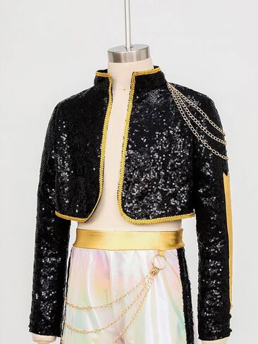 TiaoBug Kids Girls Role Play Singer Dress Coat Daily Wear Halloween Dance Outing School Jacket with Chains Black 14 Years in Kuwait