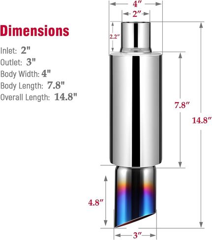 Upower Exhaust Muffler, Stainless Steel Exhaust Tip 14.8" Length 2" Inlet 3" Outlet Straight Through Universal Burnt Tip in Saudi Arabia
