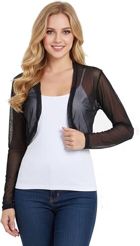Women's Black Long Sleeve Juniors Sheer Mesh Shrug Open Front Cropped Bolero Chiffon Cardigan in Saudi Arabia