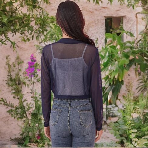 Women's Black Long Sleeve Juniors Sheer Mesh Shrug Open Front Cropped Bolero Chiffon Cardigan in Saudi Arabia