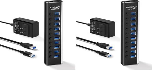 موزع USB يعمل بالطاقة، Rosonway 10 منافذ USB 3.1/3.2 Gen 2 Hub 10 جيجابت في الثانية مع محول طاقة 36 وات (12 فولت/3 أمبير)، كابلات من النوع A ونوع C، مقسم محور USB C من الألومنيوم للكمبيوتر الشخصي والكمبيوتر المحمول (RSH-A10S) in Saudi Arabia