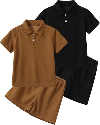Boys 4 Piece Summer Clothes Waffle Texture Button-Down Shirt and Shorts Beach Vacation Outfit for Kids 3-12Years in Saudi Arabia