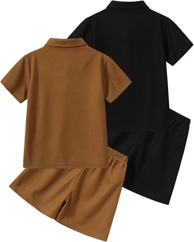 Boys 4 Piece Summer Clothes Waffle Texture Button-Down Shirt and Shorts Beach Vacation Outfit for Kids 3-12Years in Saudi Arabia
