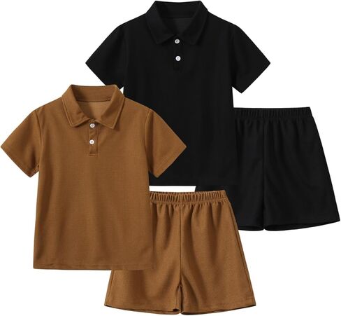 Boys 4 Piece Summer Clothes Waffle Texture Button-Down Shirt and Shorts Beach Vacation Outfit for Kids 3-12Years in Saudi Arabia