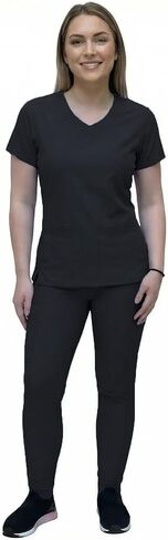 مجموعة ANGIE UNIFORMS YOGAFLEX Jogger Scrubs للنساء. العادية والصغيرة. جزء علوي من الألياف اللدنة بجيبين مع بنطال رياضي بأرجل مدببة. A410 (أسود، متوسط) in Kuwait
