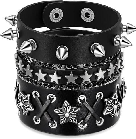 Sureio Studded Bracelet Leather Punk Rock Cuff Bracelets Retro Vintage Chain 80s Wristband Set for Men Women in Saudi Arabia