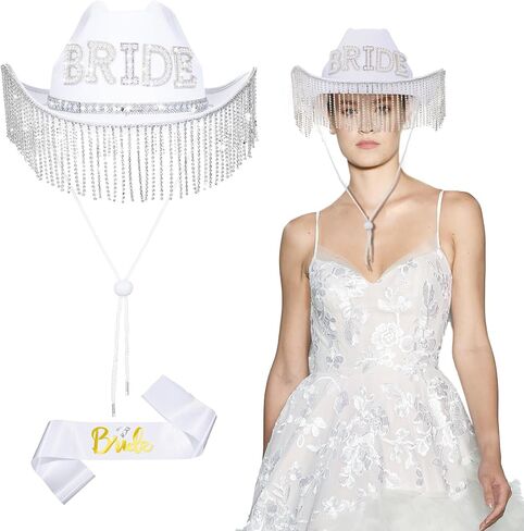 Patelai 2 Pcs Bride Hat Cowgirl Bachelorette Party Cowboy Hat with Rhinestone Tassels Sash Bride to Be Gift Bridal Wedding(Strip Rhinestone Fringe) in Saudi Arabia