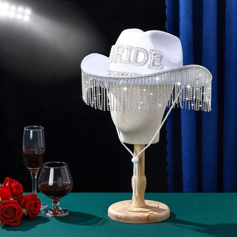 Patelai 2 Pcs Bride Hat Cowgirl Bachelorette Party Cowboy Hat with Rhinestone Tassels Sash Bride to Be Gift Bridal Wedding(Strip Rhinestone Fringe) in Saudi Arabia