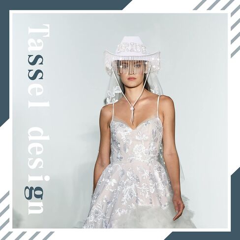 Patelai 2 Pcs Bride Hat Cowgirl Bachelorette Party Cowboy Hat with Rhinestone Tassels Sash Bride to Be Gift Bridal Wedding(Strip Rhinestone Fringe) in Saudi Arabia