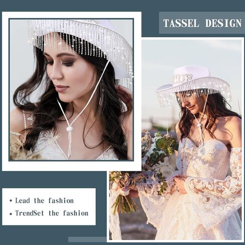 Patelai 2 Pcs Bride Hat Cowgirl Bachelorette Party Cowboy Hat with Rhinestone Tassels Sash Bride to Be Gift Bridal Wedding(Strip Rhinestone Fringe) in Saudi Arabia