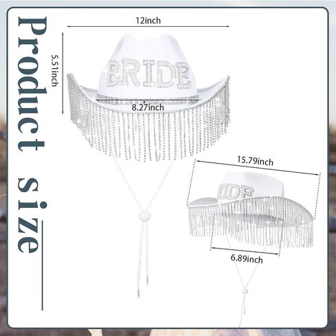 Patelai 2 Pcs Bride Hat Cowgirl Bachelorette Party Cowboy Hat with Rhinestone Tassels Sash Bride to Be Gift Bridal Wedding(Strip Rhinestone Fringe) in Saudi Arabia