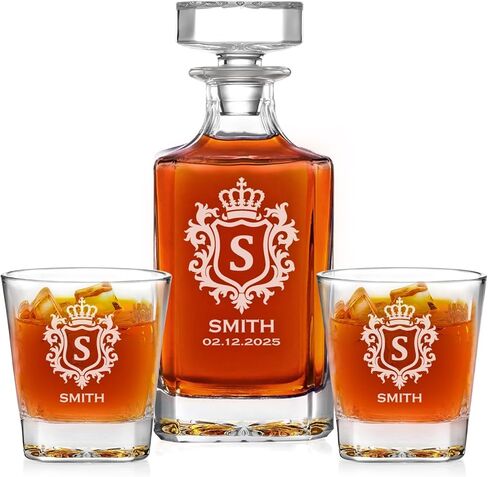 Personalized Whiskey Decanter, 12 Custom Design Options, 750ml Engraved Liquor Decanter with Whiskey Glass Set, Birthday, Retirement, Father’s Day, or Men's Barware Gift – Elegant Bar Accessory in Saudi Arabia