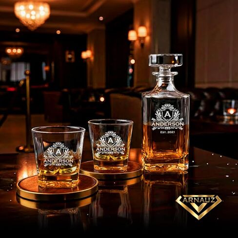 Personalized Whiskey Decanter, 12 Custom Design Options, 750ml Engraved Liquor Decanter with Whiskey Glass Set, Birthday, Retirement, Father’s Day, or Men's Barware Gift – Elegant Bar Accessory in Saudi Arabia