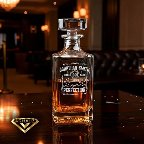 Personalized Whiskey Decanter, 12 Custom Design Options, 750ml Engraved Liquor Decanter with Whiskey Glass Set, Birthday, Retirement, Father’s Day, or Men's Barware Gift – Elegant Bar Accessory in Saudi Arabia