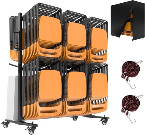 عربة كرسي قابلة للطي، رف كرسي عالي التحمل بطبقتين مع عجلات (إجمالي يصل إلى 1000 رطل) - يحمل ما يصل إلى 84 كرسيًا قابلًا للطي أو 12 طاولة قابلة للطي + 42 كرسيًا، يتضمن غطاء وحزامين، للمدارس والكنائس in Kuwait