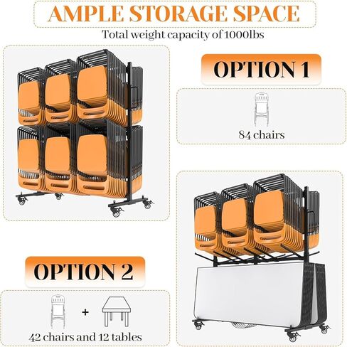 عربة كرسي قابلة للطي، رف كرسي عالي التحمل بطبقتين مع عجلات (إجمالي يصل إلى 1000 رطل) - يحمل ما يصل إلى 84 كرسيًا قابلًا للطي أو 12 طاولة قابلة للطي + 42 كرسيًا، يتضمن غطاء وحزامين، للمدارس والكنائس in Kuwait