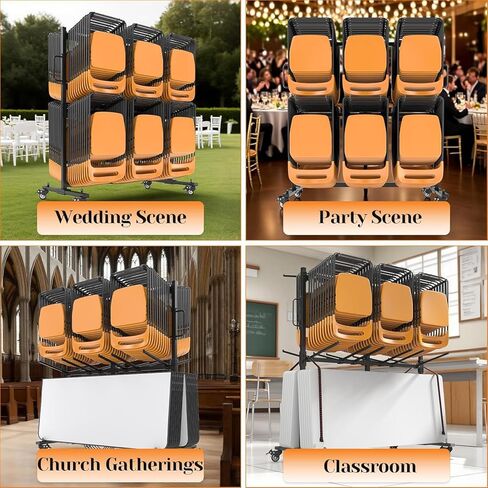 عربة كرسي قابلة للطي، رف كرسي عالي التحمل بطبقتين مع عجلات (إجمالي يصل إلى 1000 رطل) - يحمل ما يصل إلى 84 كرسيًا قابلًا للطي أو 12 طاولة قابلة للطي + 42 كرسيًا، يتضمن غطاء وحزامين، للمدارس والكنائس in Kuwait