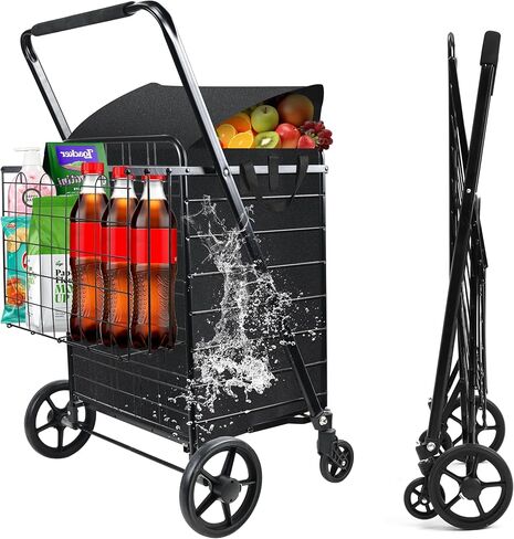 عربة تسوق قابلة للطي شديدة التحمل بوزن 450 رطلًا مع سلال مزدوجة - سعة 39.5 جالون، وعجلات لجميع التضاريس وبطانة مقاومة للماء | عربة المرافق التجارية للبقالة والمستودعات والسفر in Kuwait