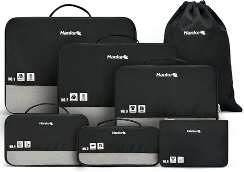 هانكي، 7 قطع من مكعبات التعبئة المضغوطة القابلة للتوسيع، منظمات تعبئة السفر الممتازة لحقائب السفر/الحمل، حقائب تنظيم الأمتعة مع شبكة مسامية وملصق، أسود in Kuwait