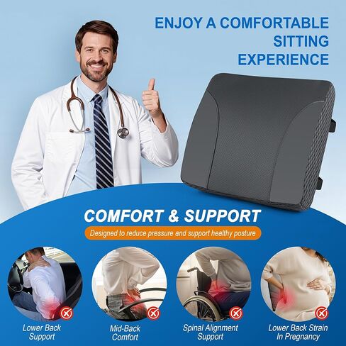 Lumbar Support Pillow for Car: Ergonomic Memory Foam Lumbar Pillow for Long Drives, Lower Back Support for Pain Relief, Dual Adjustable Straps, Back Cushion for Car Seat, Office Chair - Black in Kuwait