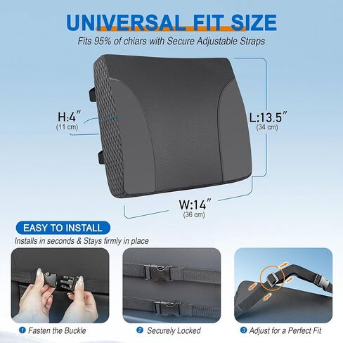 Lumbar Support Pillow for Car: Ergonomic Memory Foam Lumbar Pillow for Long Drives, Lower Back Support for Pain Relief, Dual Adjustable Straps, Back Cushion for Car Seat, Office Chair - Black in Kuwait